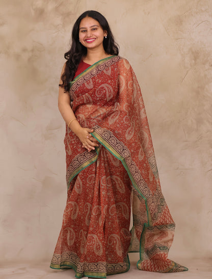 Maroon Pure Kota Doria Saree with Bagru Handblock Prints | Looms & Tassels