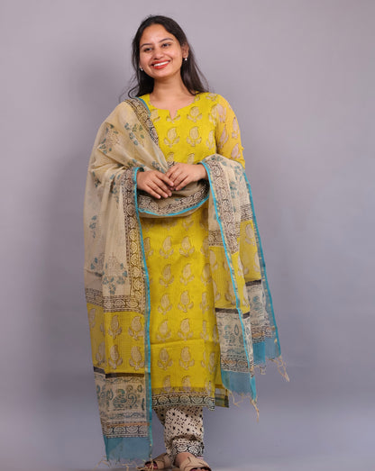 Yellow Handblock printed kota 3 piece suit (stitched)