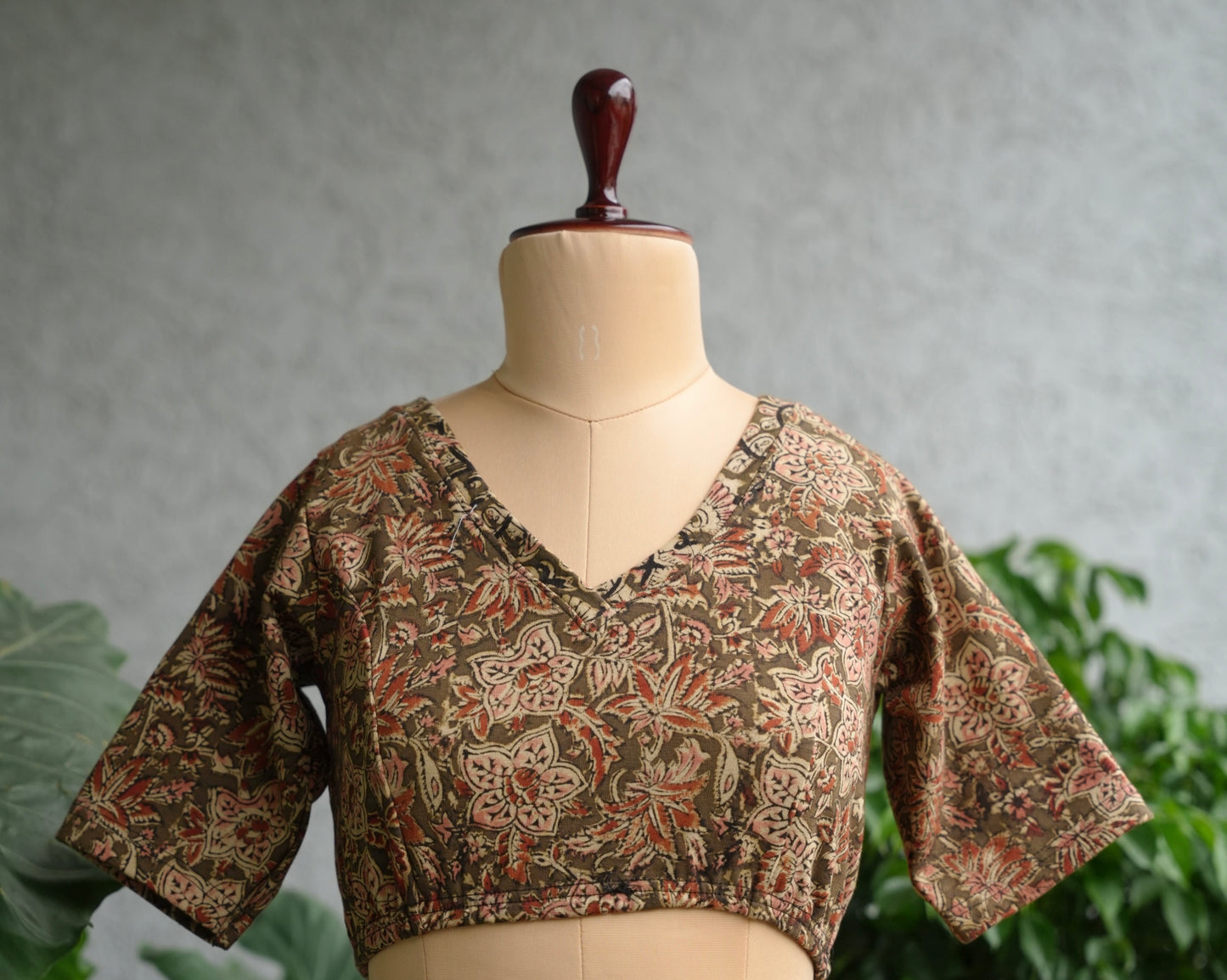 Olive Green V Neck Stretchable Hand block printed kalamkari blouse