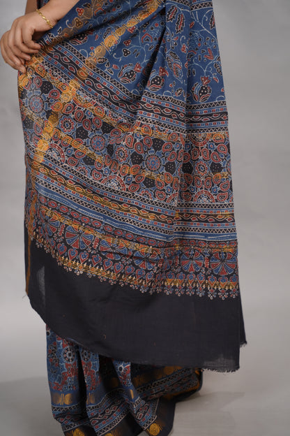 Indigo Ajrakh Hand Block Printed Sungudi Cotton Saree | Looms & Tassels