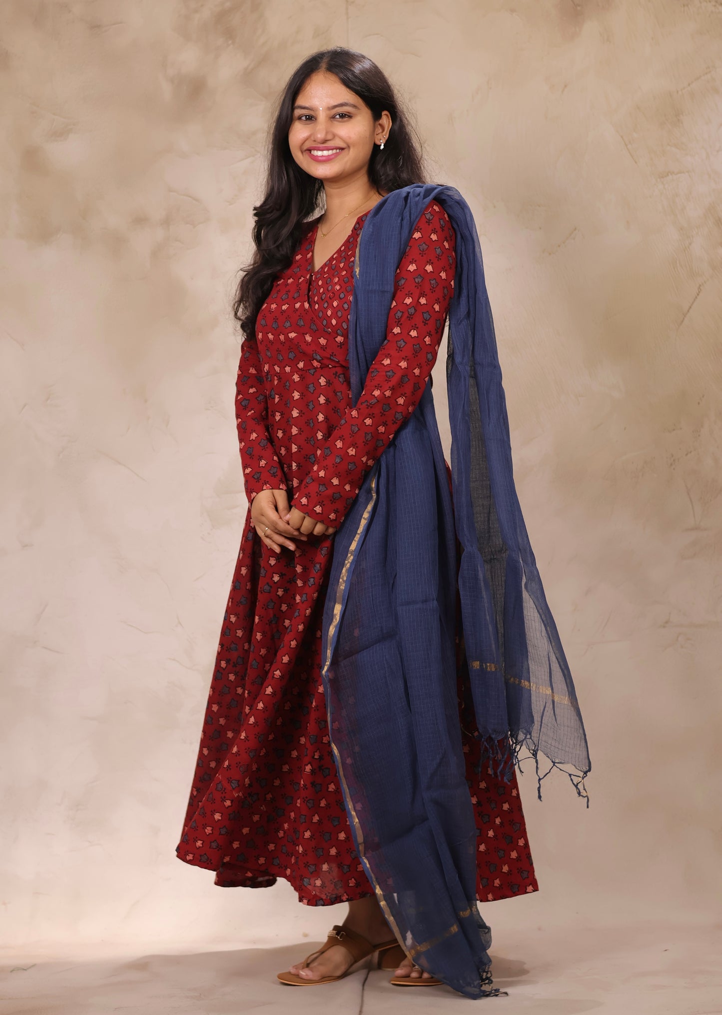 Maroon Pure Cotton Ajrakh Hand Block Printed Angarkha Kurta with Kota Dupatta | Looms & Tassels