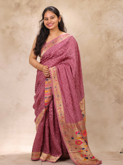 Onion Pink Handcrafted Bandhani Paithani Dola Silk Saree | Looms & Tassels