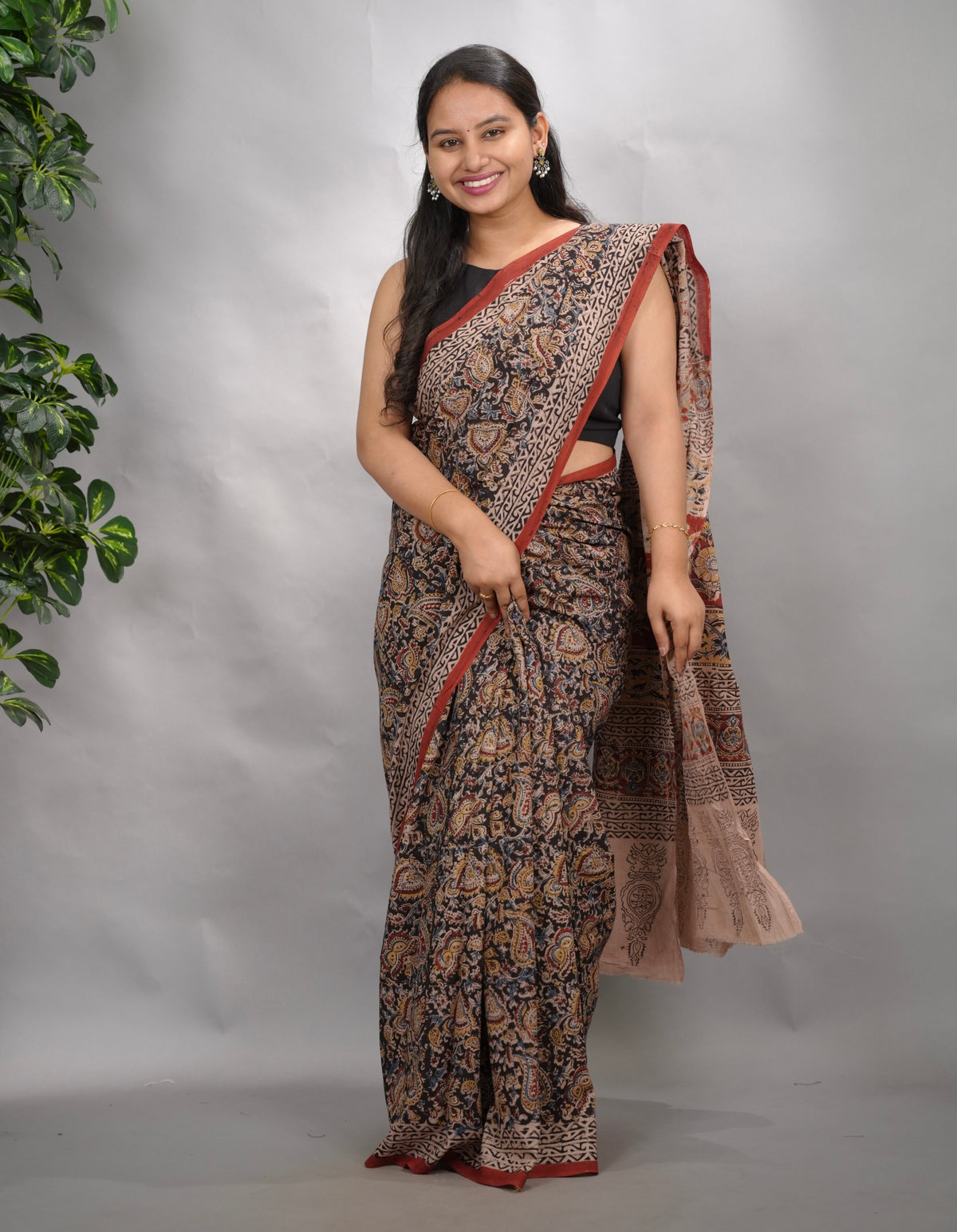 Black Hand Block Printed Kalamkari Cotton Saree | Looms & Tasselse