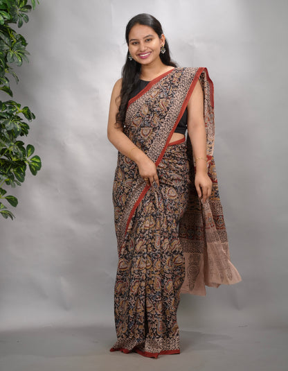 Black Hand Block Printed Kalamkari Cotton Saree | Looms & Tasselse