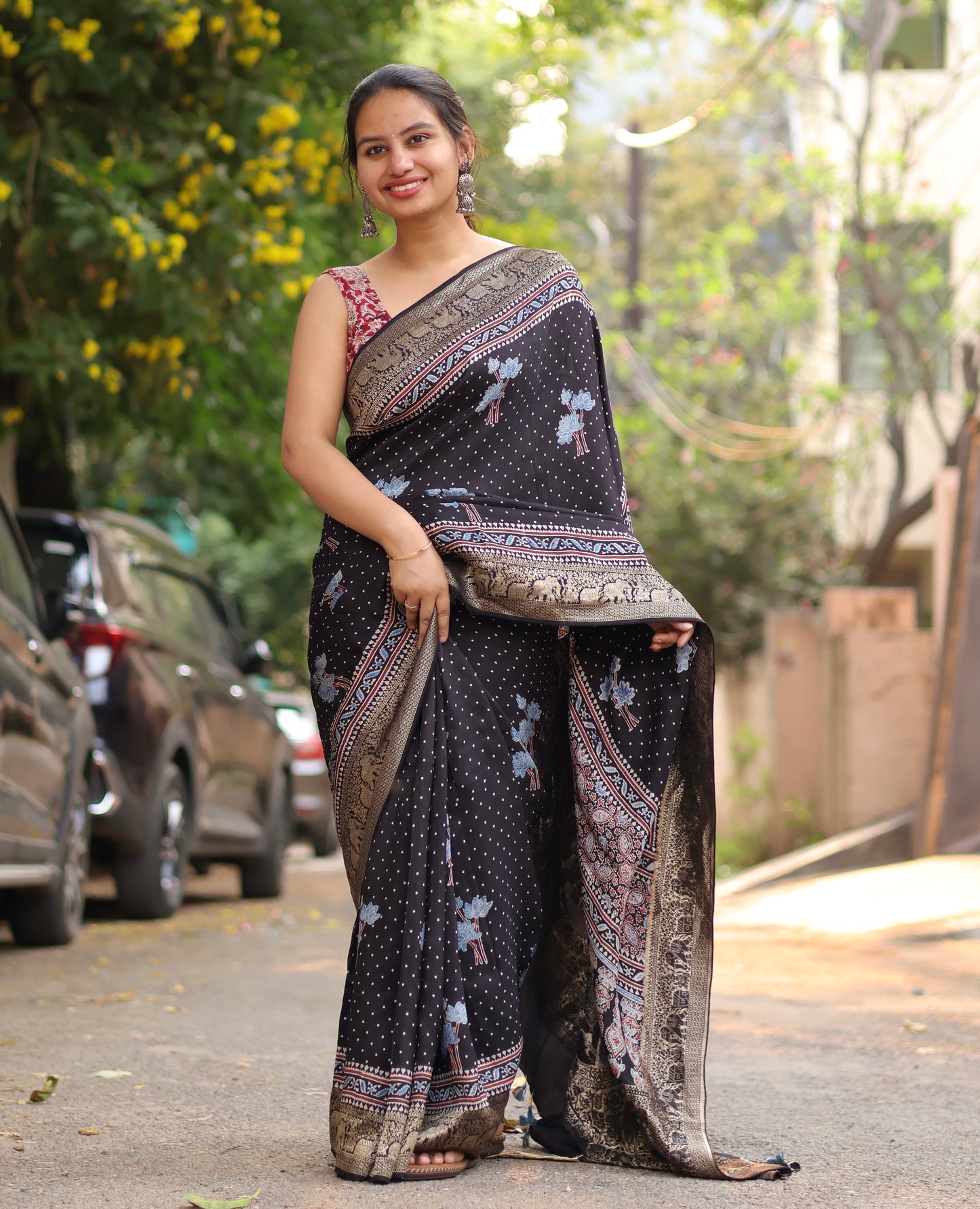 Black Ajrakh Dola Silk Saree
