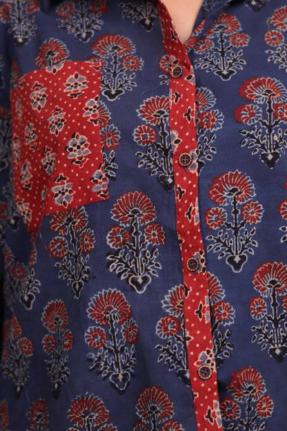 Indigo Ajrakh Handblock Printed Patch Work Shirt (Pure Cotton ) | Looms & Tassels