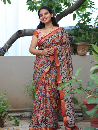 Hand Block Printed Kalamkari Nizam Border Silk Saree