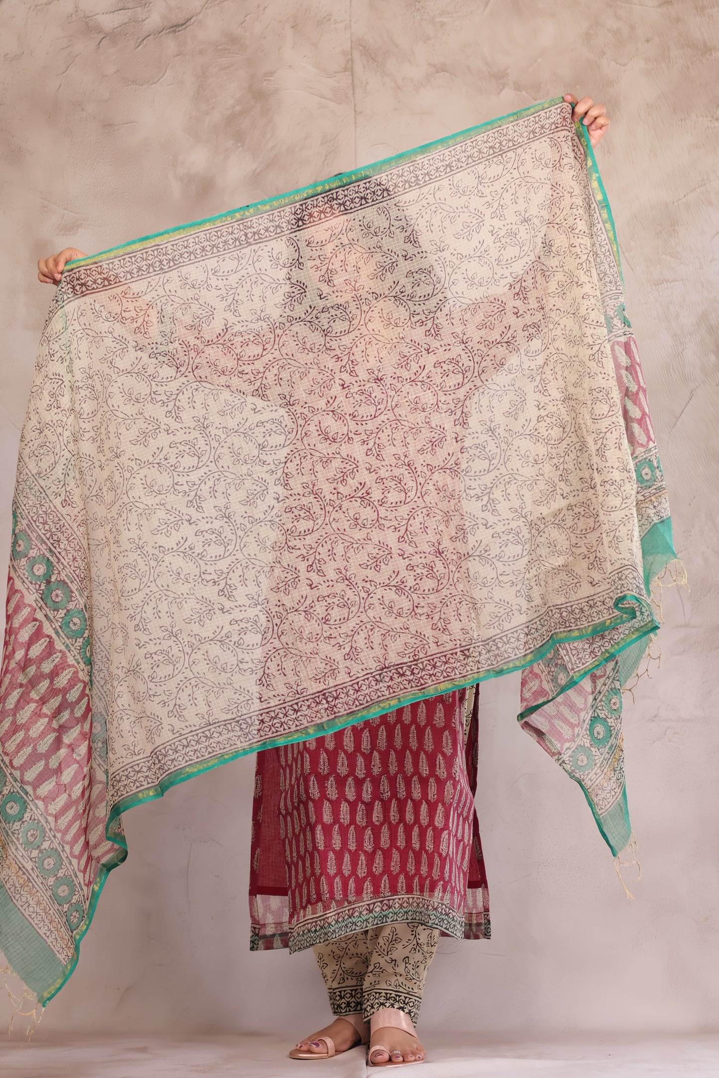 Maroon Bagru Handblock printed kota 3 piece suit (stitched)