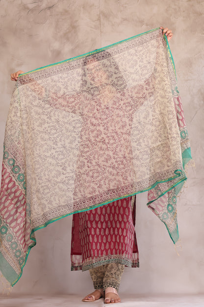 Maroon Bagru Handblock printed kota 3 piece suit (stitched)