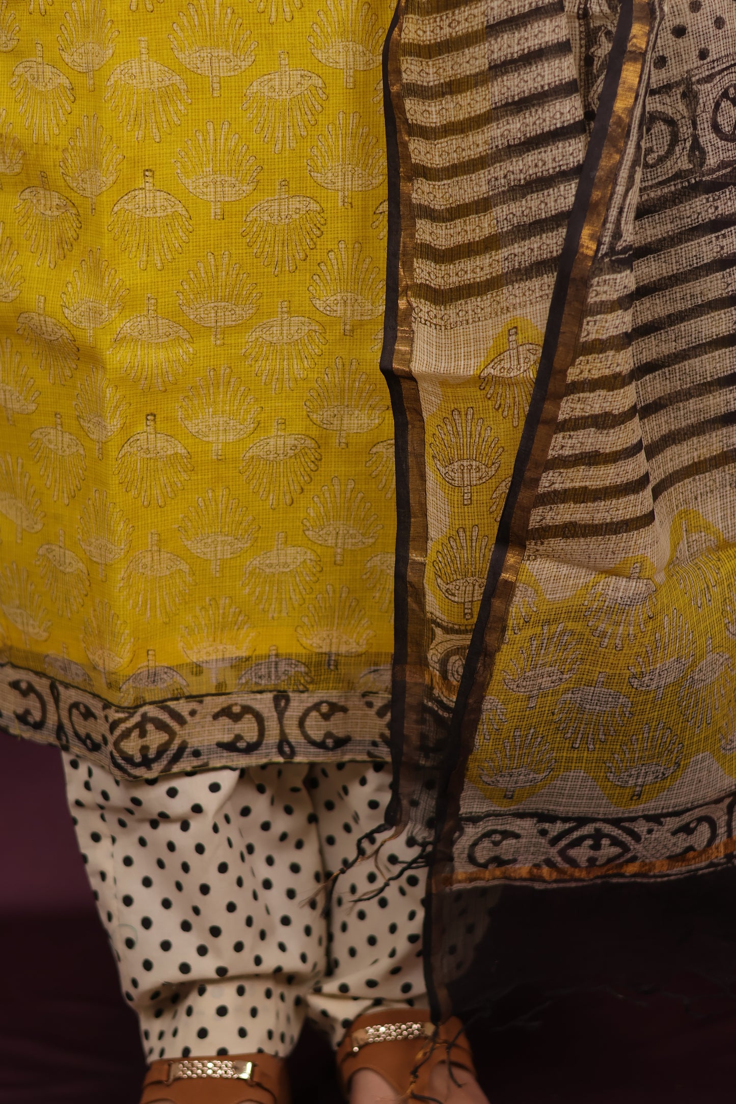 Yellow Handblock printed kota 3 piece suit (stitched)
