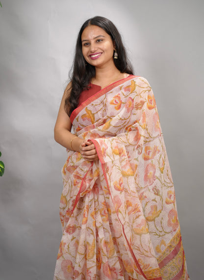 Off white Pure Kota Doria Saree with Bagru Handblock Prints