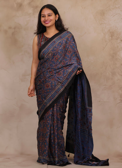 Indigo Handcrafted Ajrakh Modal Silk Saree with Authentic Banjara Mirror Work | Looms & Tassels