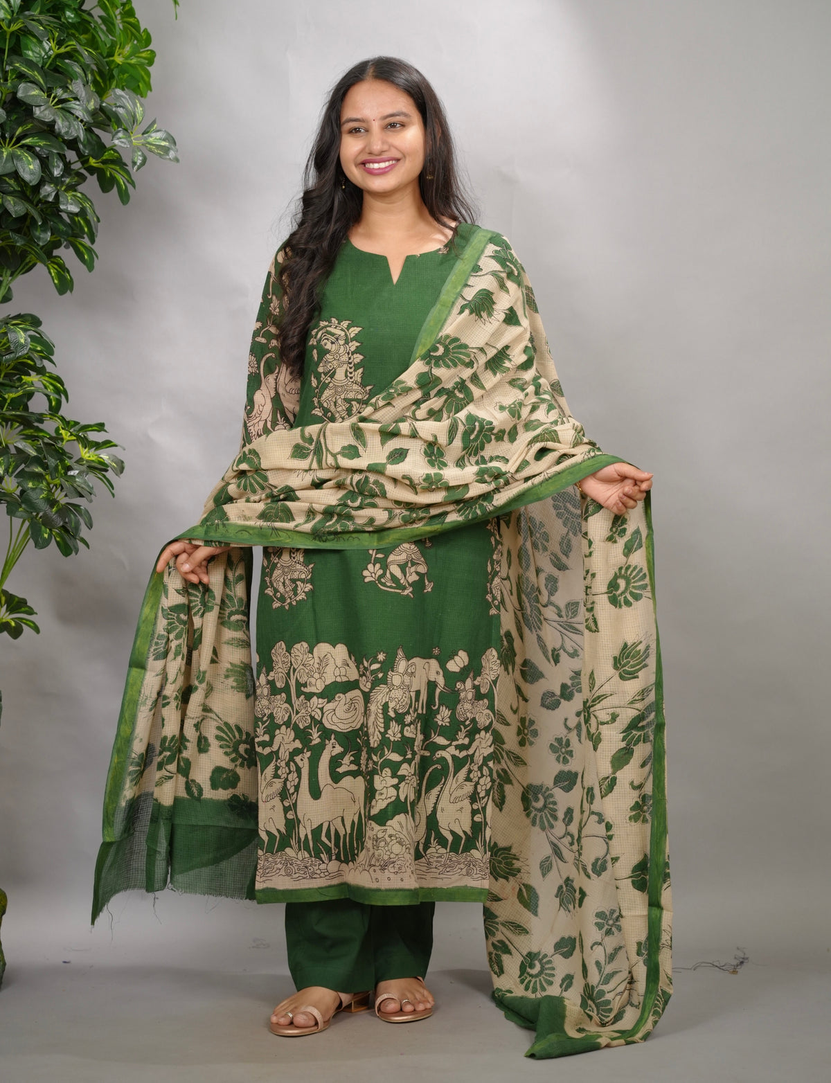Green Kalamkari Kota Cotton 3 piece suit (stitched) | Looms & Tassels