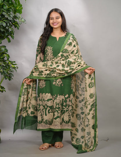 Green Kalamkari Kota Cotton 3 piece suit (stitched) | Looms & Tassels
