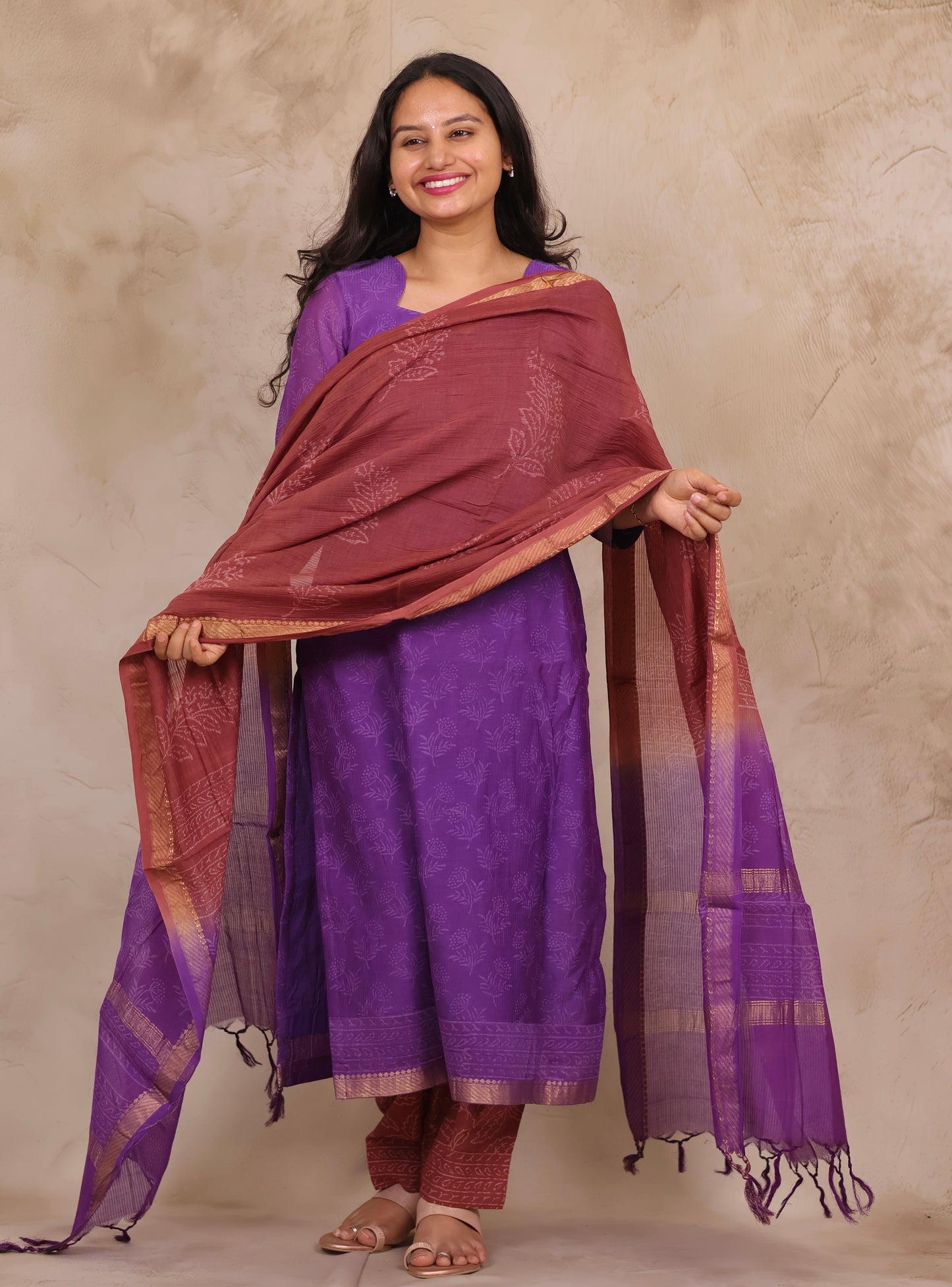 Purple Handblock printed Pure Maheswari Silk 3 piece suit (stitched)