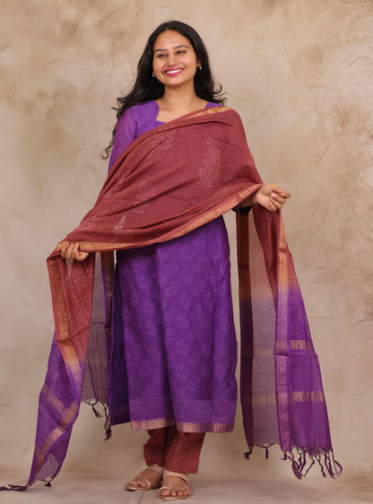 Purple Handblock printed Pure Maheswari Silk 3 piece suit (stitched)