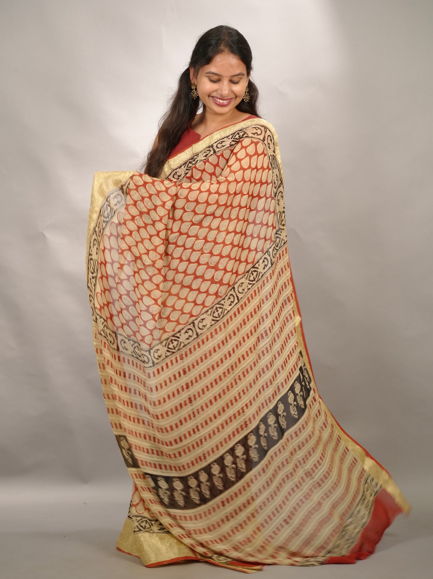 Red Chiffon Hand Block Printed Saree with Jari Border | Looms & Tassels