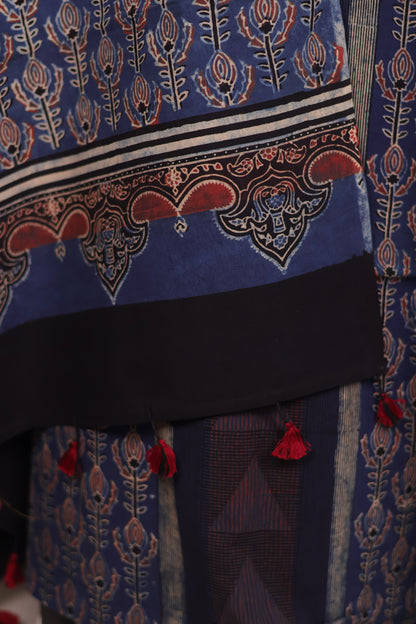 Indigo Ajrakh Handblock Printed Pure Cotton 3 piece suit set | Looms & Tassels