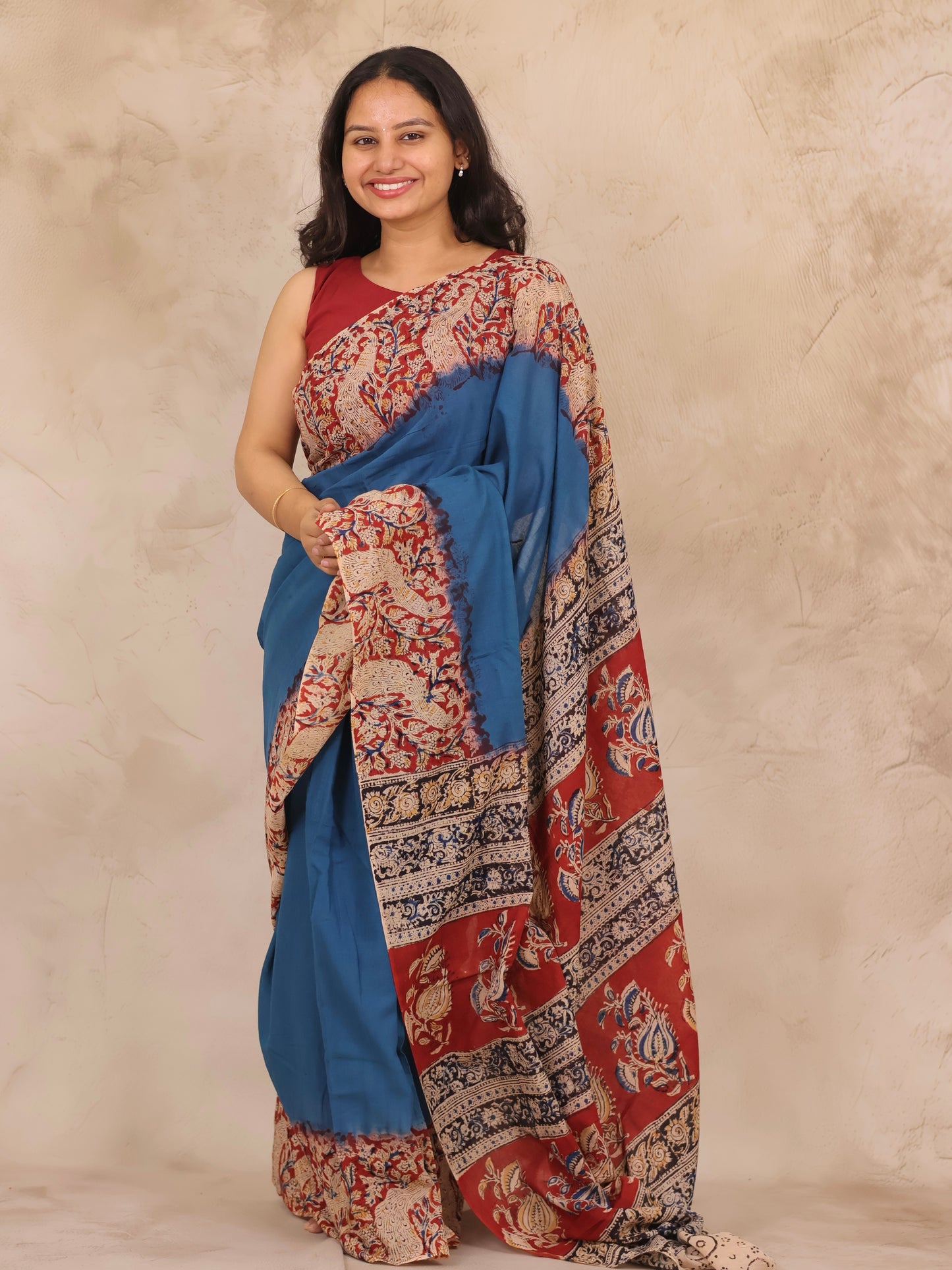 Cyan Blue Hand Block Printed Kalamkari Cotton Saree | Looms & Tassels