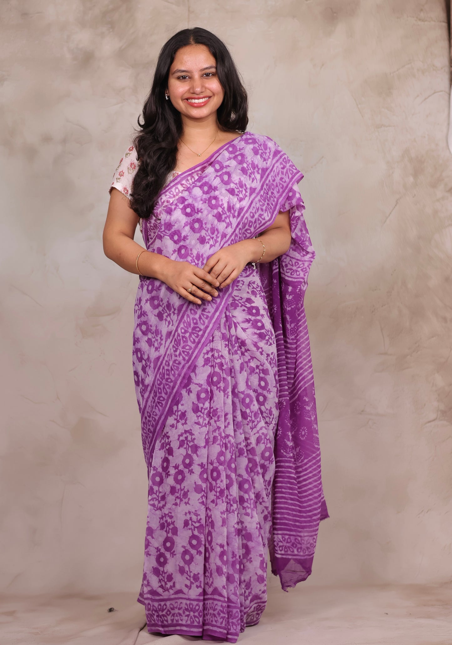 Purple Chiffon Hand Block Printed Saree | Looms & Tassels