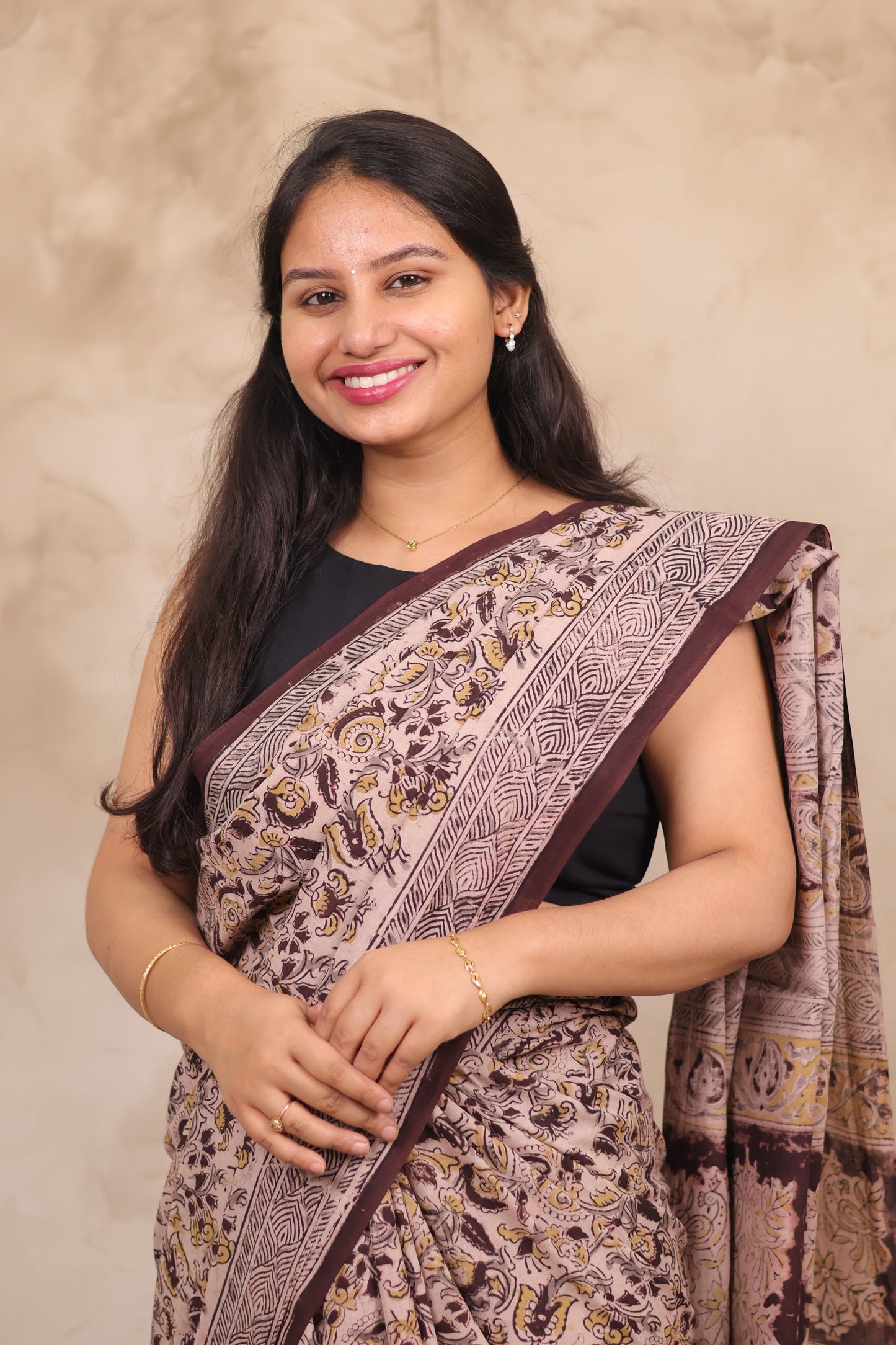 Cream Hand Block Printed Kalamkari Cotton Saree | Looms & Tassels