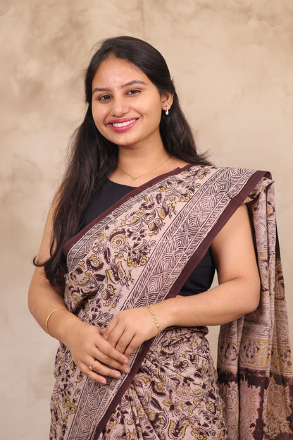 Cream Hand Block Printed Kalamkari Cotton Saree | Looms & Tassels