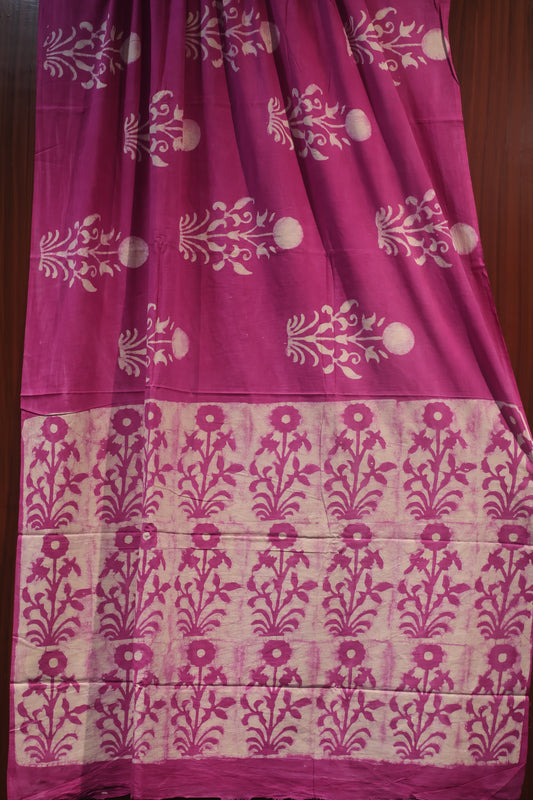 Pink Bagru Handblock printed MulMul cotton saree