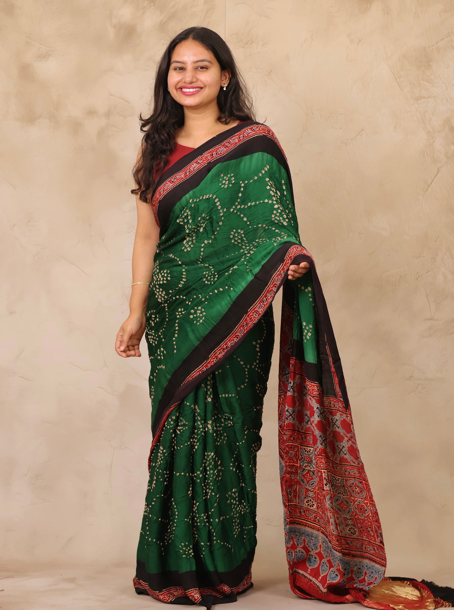 Green Hand Knotted Bandhej Arakh Modal Silk Saree with Lagdi Pallu | Looms & Tassels