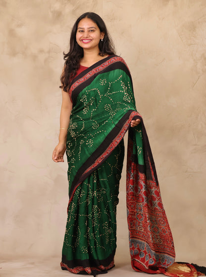 Green Hand Knotted Bandhej Arakh Modal Silk Saree with Lagdi Pallu | Looms & Tassels