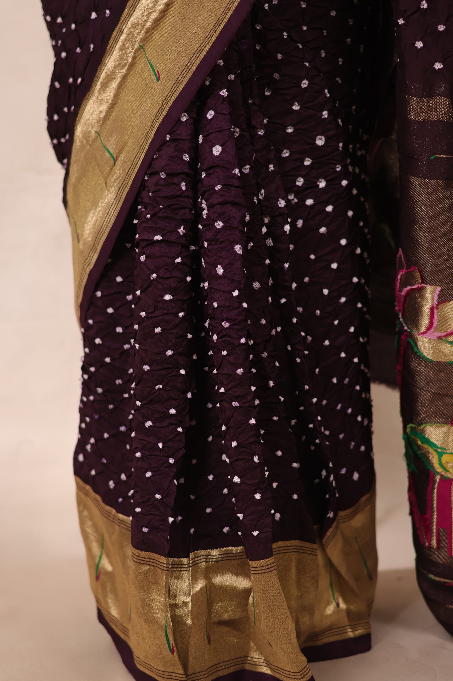 Deep Purple Handcrafted Bandhani Paithani Dola Silk Saree | Looms & Tassels