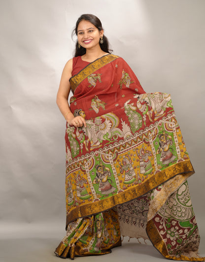 Red Kanchi border Kalamkari chennur silk saree