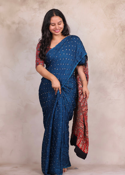 Cyan Blue Hand Knotted Bandhej Modal Silk Saree with Ajrakh Pallu | Looms & Tassels