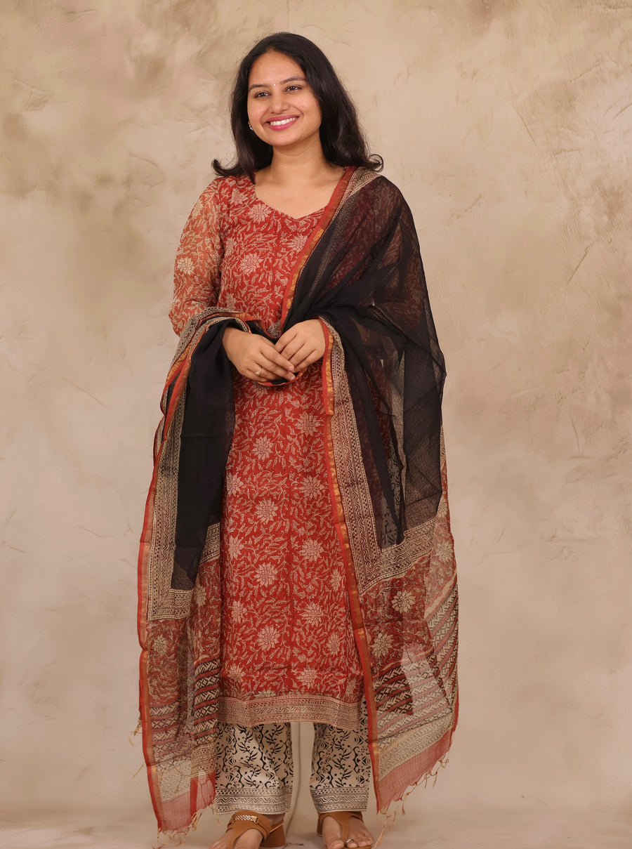 Red Handblock printed kota 3 piece suit (stitched)