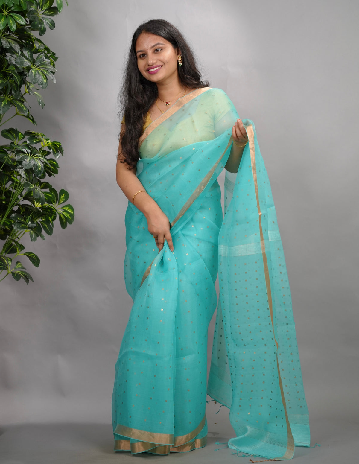 Ice Blue Handwoven Muslin Silk Saree With Sequence Work | Looms & Tassels