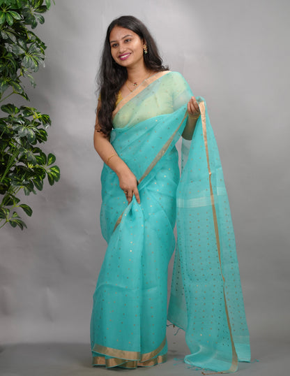 Ice Blue Handwoven Muslin Silk Saree With Sequence Work | Looms & Tassels
