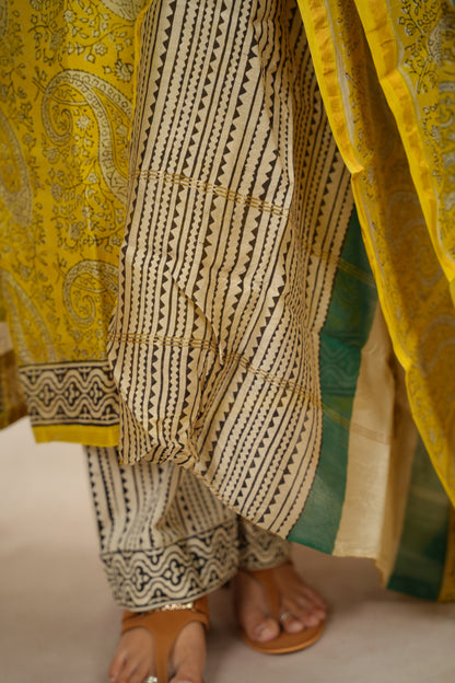 Yellow Handblock printed Pure Chenderi Silk 3 piece suit (stitched) |  Looms & Tassels