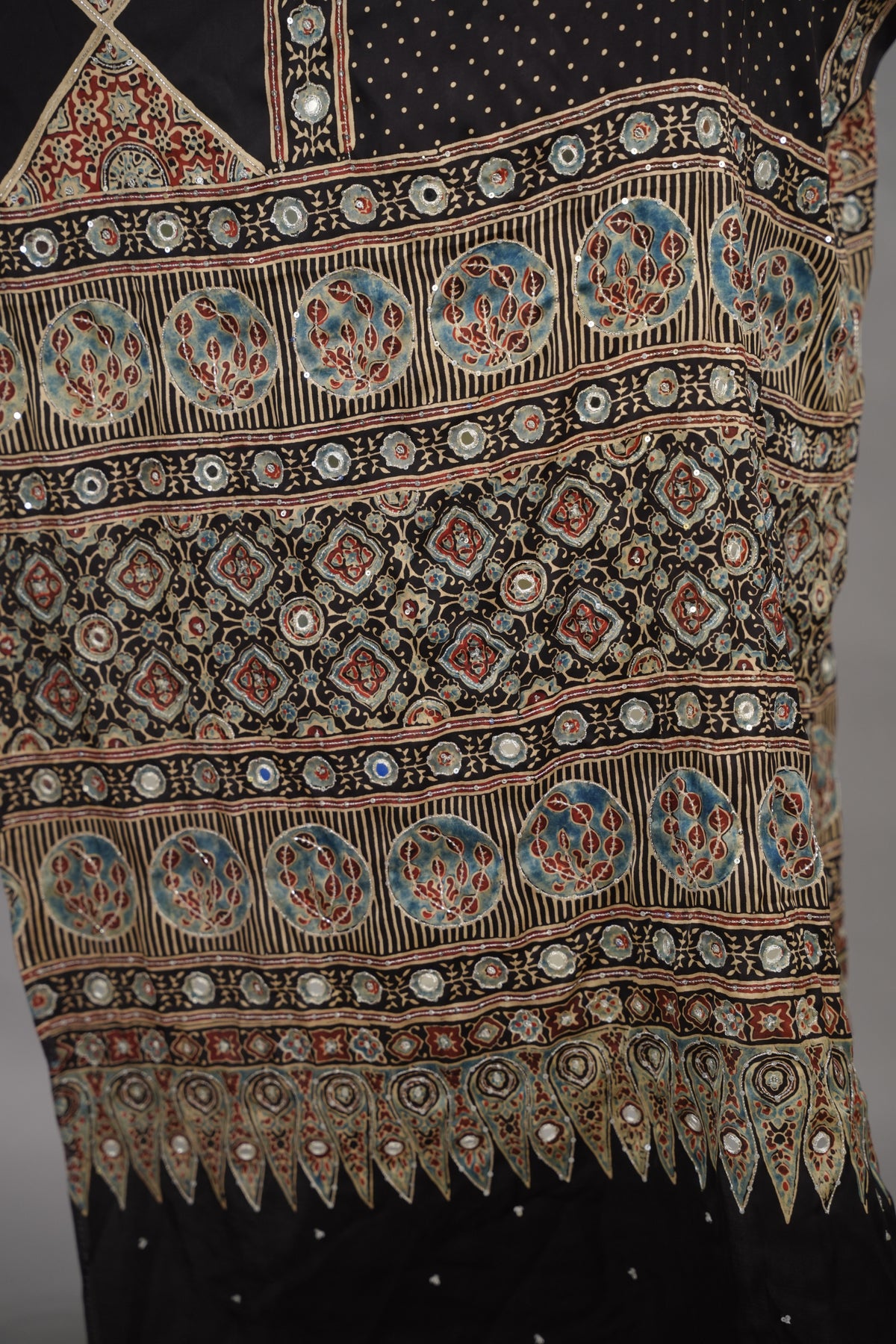 Black Ajrakh Modal Silk Hand Embroidery Saree  | Looms & Tassels
