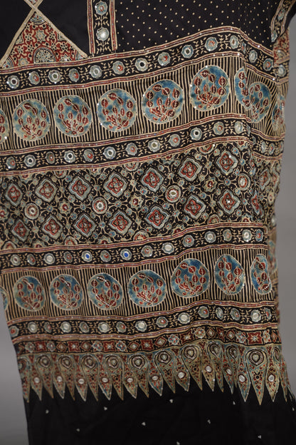 Black Ajrakh Modal Silk Hand Embroidery Saree  | Looms & Tassels