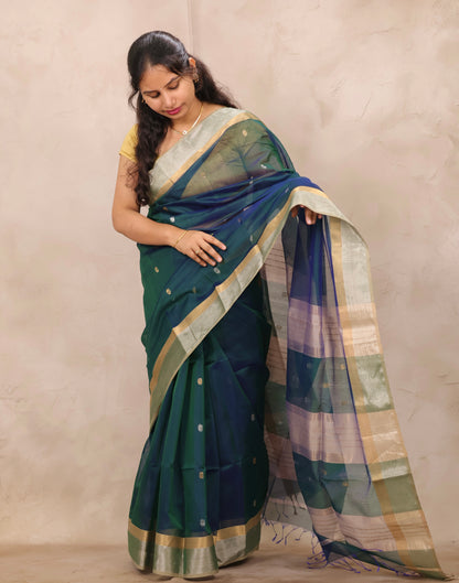 Peacock Blue Handloom Maheswari Silk Cotton Sarees | Looms & Tassels