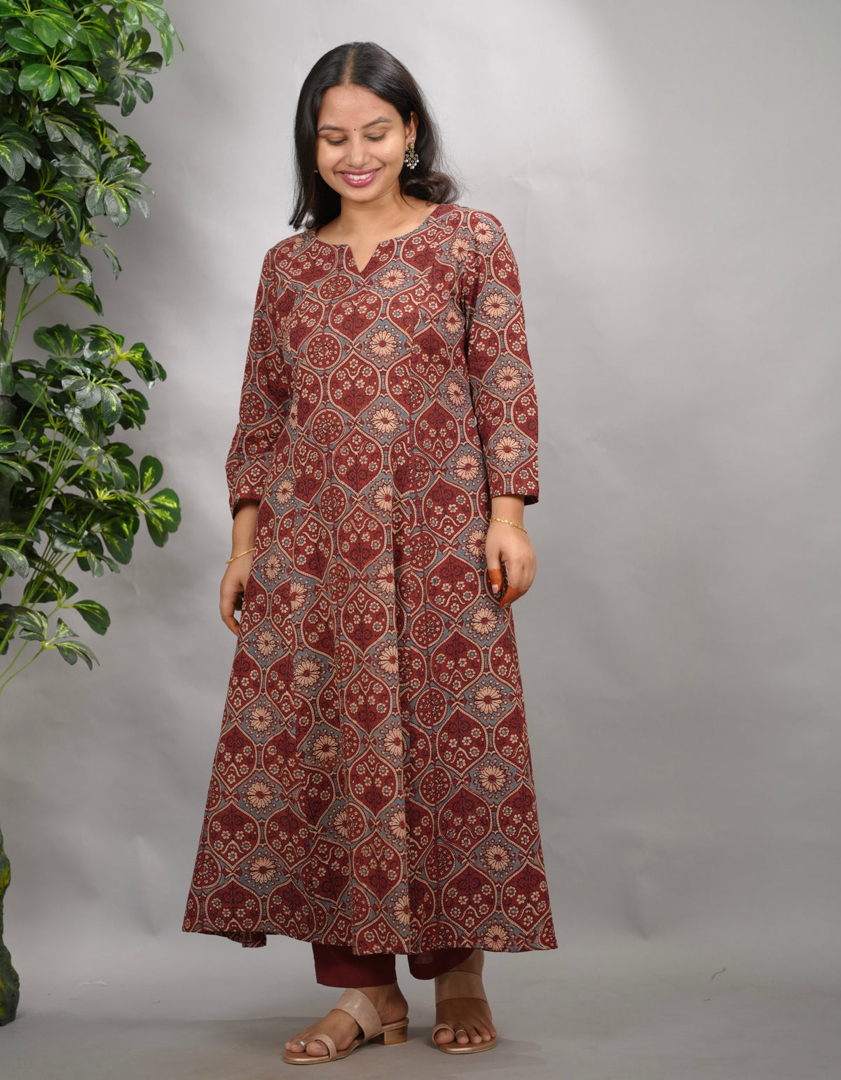 Maroon Ajrakh Cotton Kali Kurta | Looms & Tassels