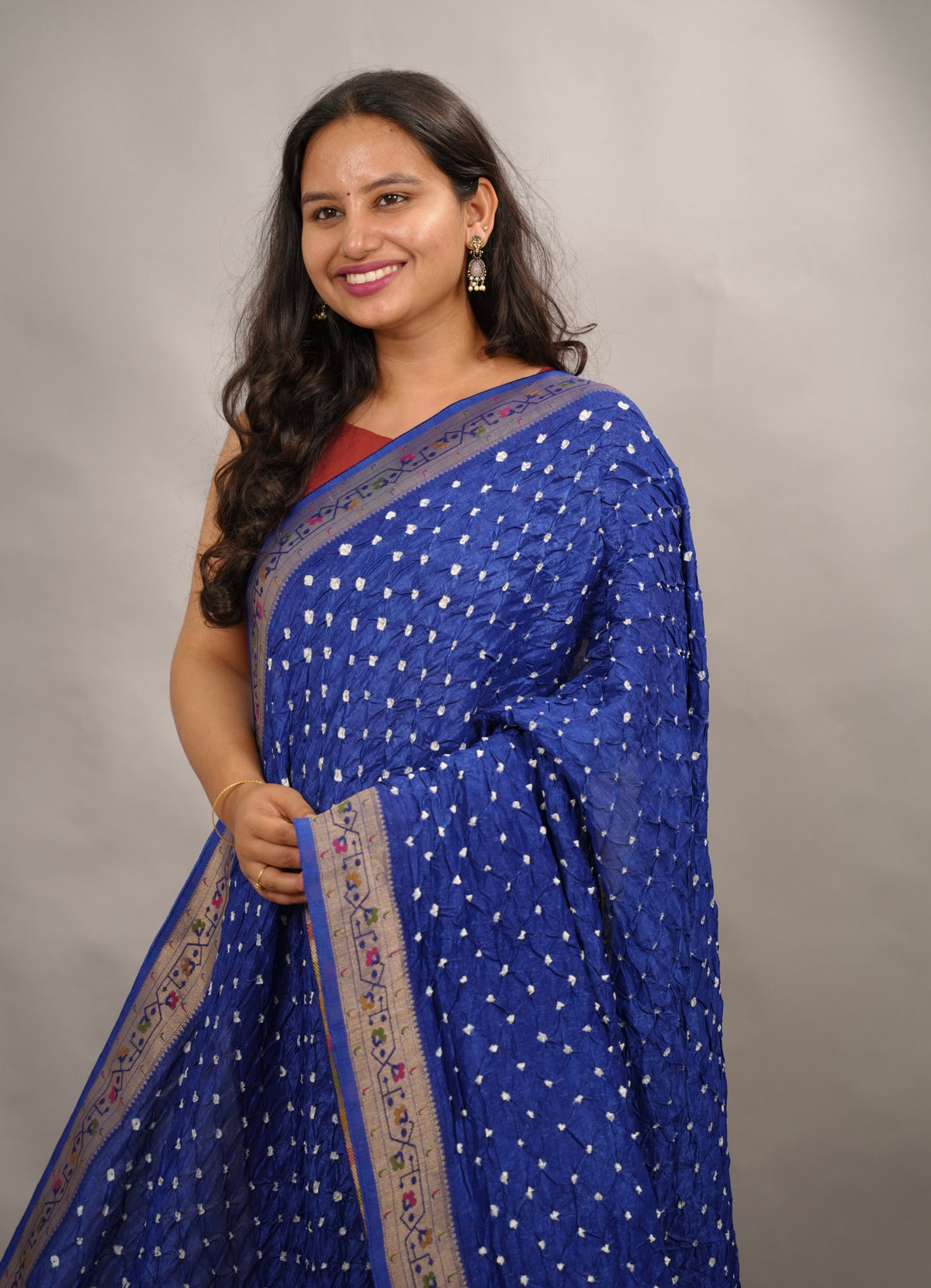Blue Handcrafted Bandhani Paithani Dola Silk Saree | Looms & Tassels