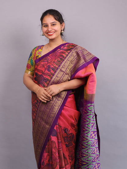 Kanchi Pattu Hand Painted Pen Kalamkari Saree