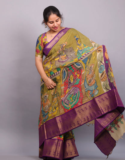 Mehendi Green Hand Painted Pen Kalamkari Silk Saree