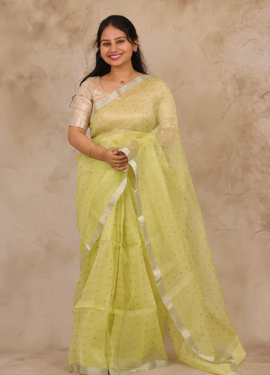 Pastel Yellow Handwoven Muslin Silk Saree With Sequence Work | Looms & Tassels