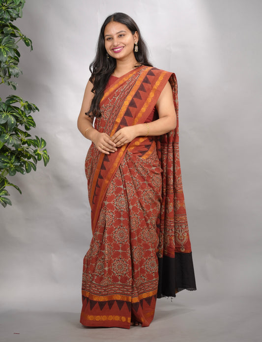 Red Ajrakh Hand Block Printed Sungudi Cotton Saree | Looms & Tassels