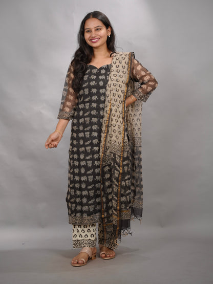 Black Handblock printed kota 3 piece suit (stitched) | Looms & Tassels