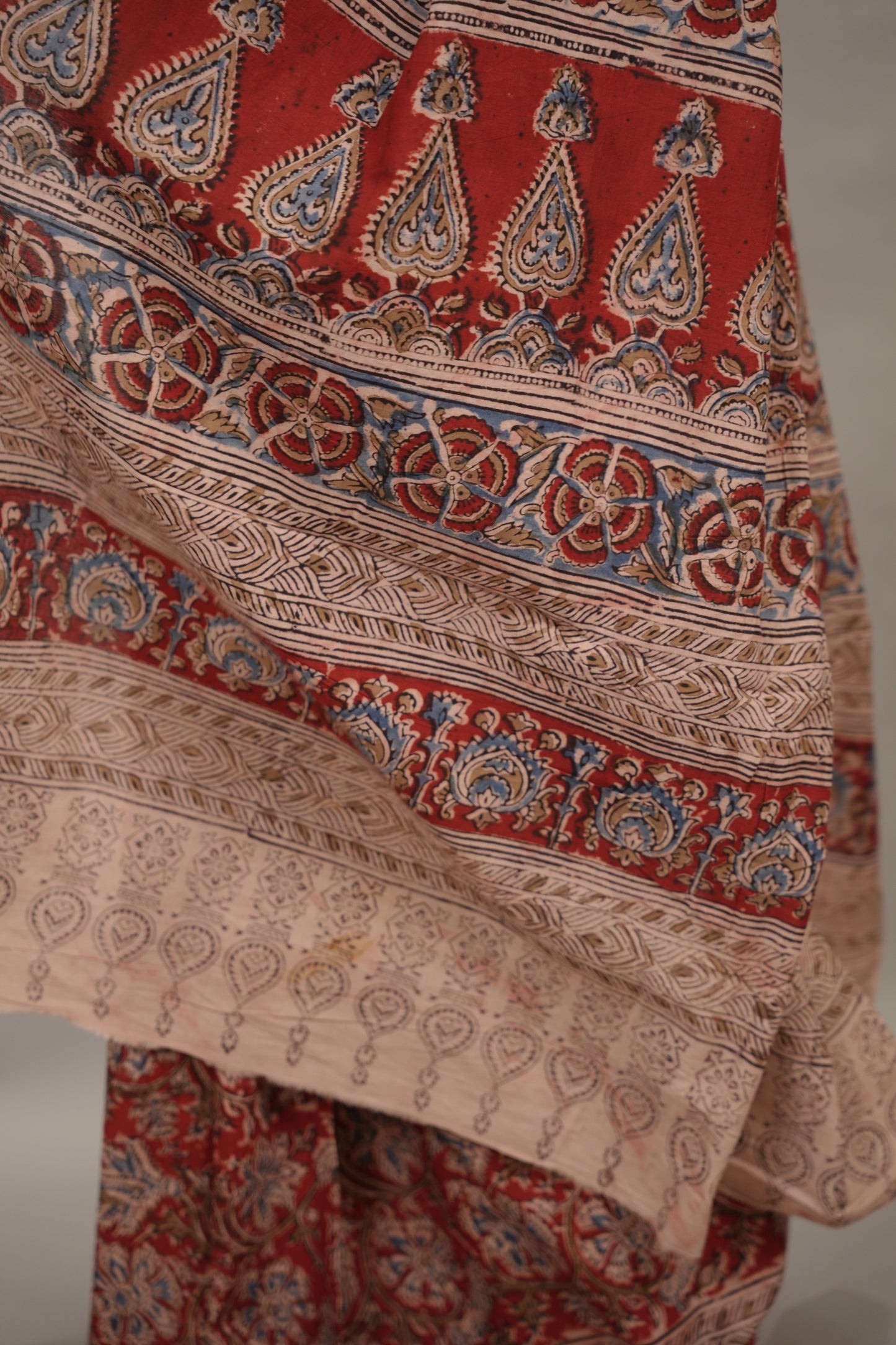 Red Hand Block Printed Kalamkari Cotton Saree | Looms & Tassels