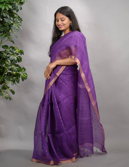 Purple Handwoven Muslin Silk Saree With Sequence Work | Looms & Tassels
