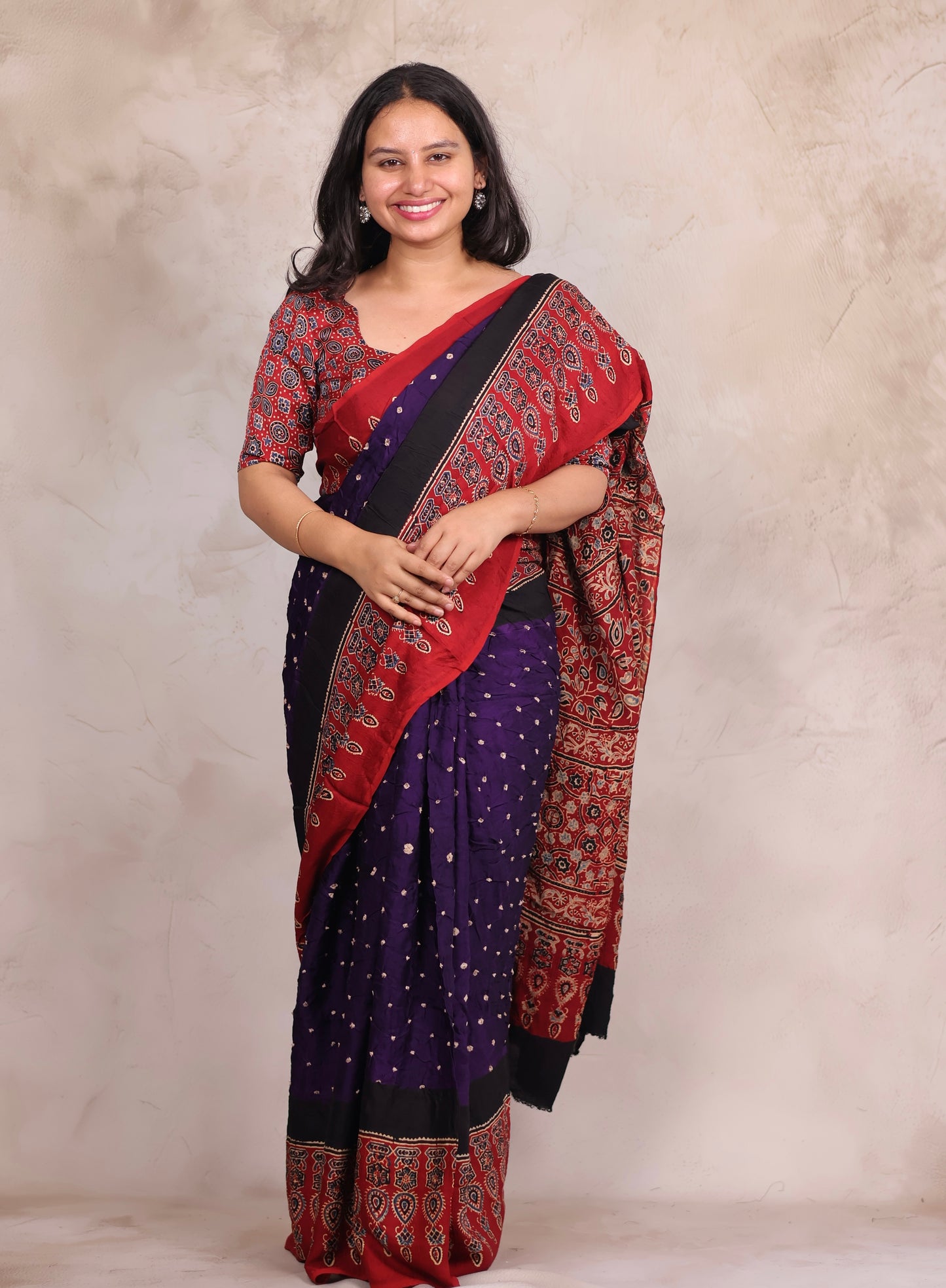 Purple Hand Knotted Ajrakh Bandhej Modal Silk Saree | Looms & Tassels