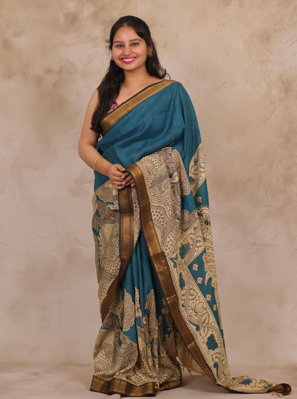Blue Kalamkari Nizam Border Chennur Silk Saree | Looms & Tassels
